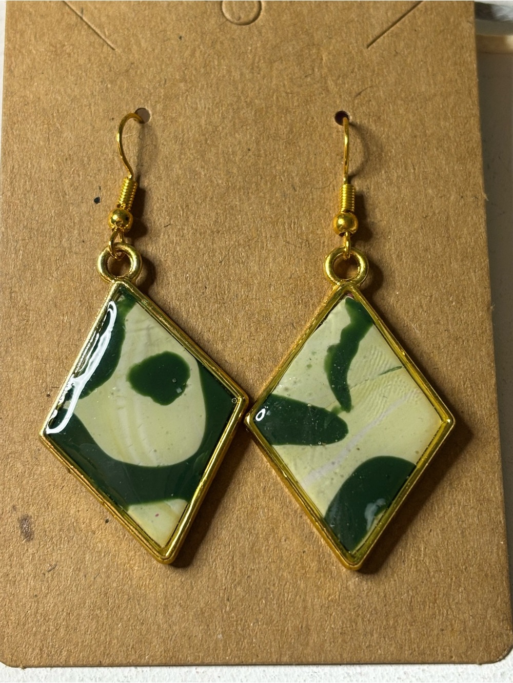Handmade Green Marbled Resin & Clay Diamond Dangle Earrings Gold Tone